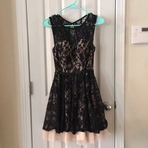 Black lace & blush pink dress w/beaded satin belt